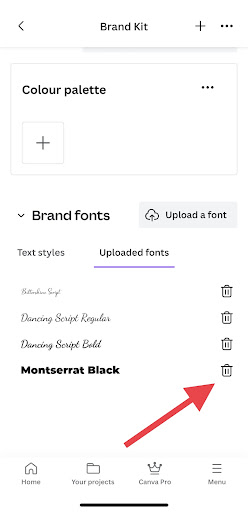 Tap the bin icon to delete the font