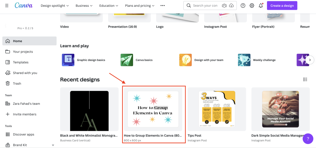 Select a design to edit on Canva