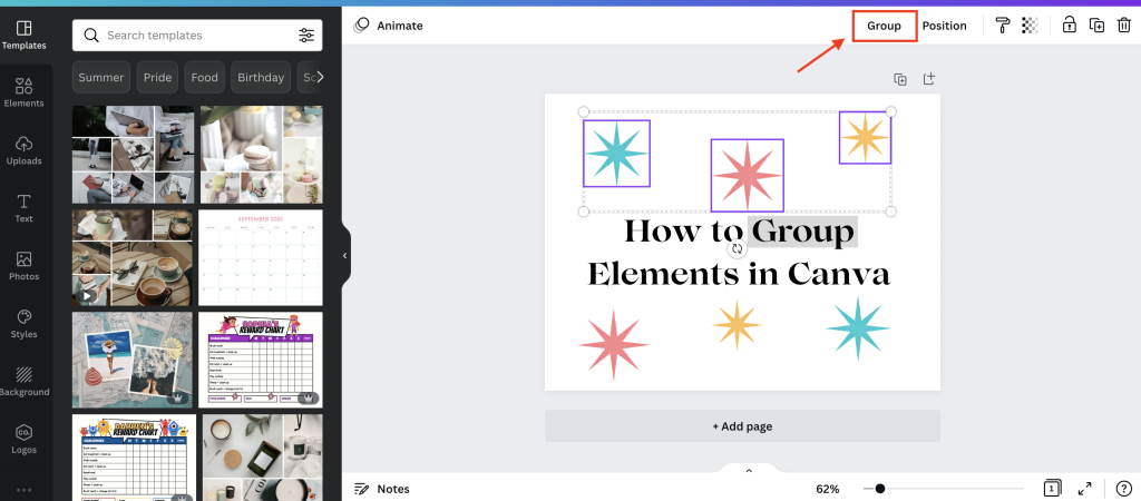 Select the Group option to permanently group elements together