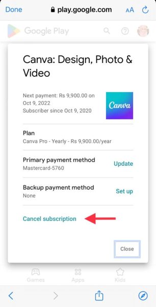 Select "Cancel subscription"