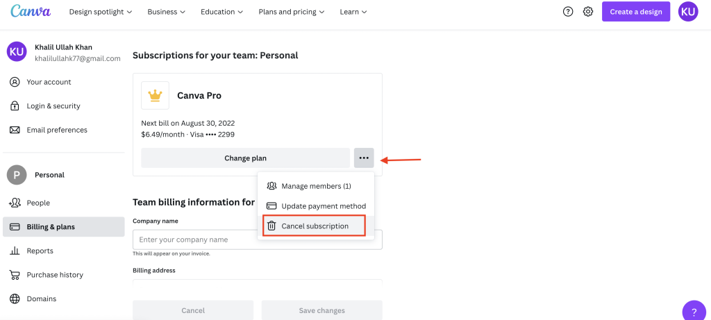 Select the Cancel subscription option