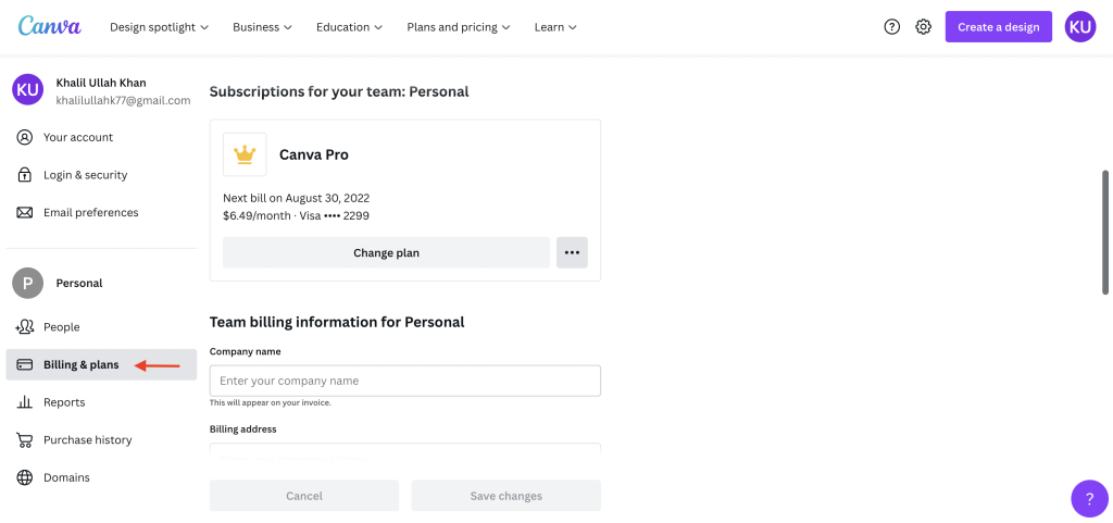 Select Billing and Plans