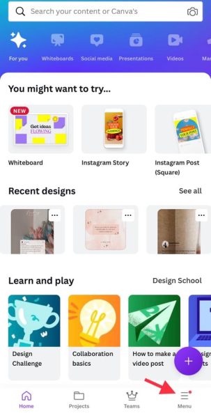 Sign into Canva and tap menu