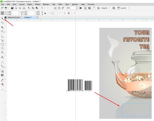 Move the barcode around with the Pick tool